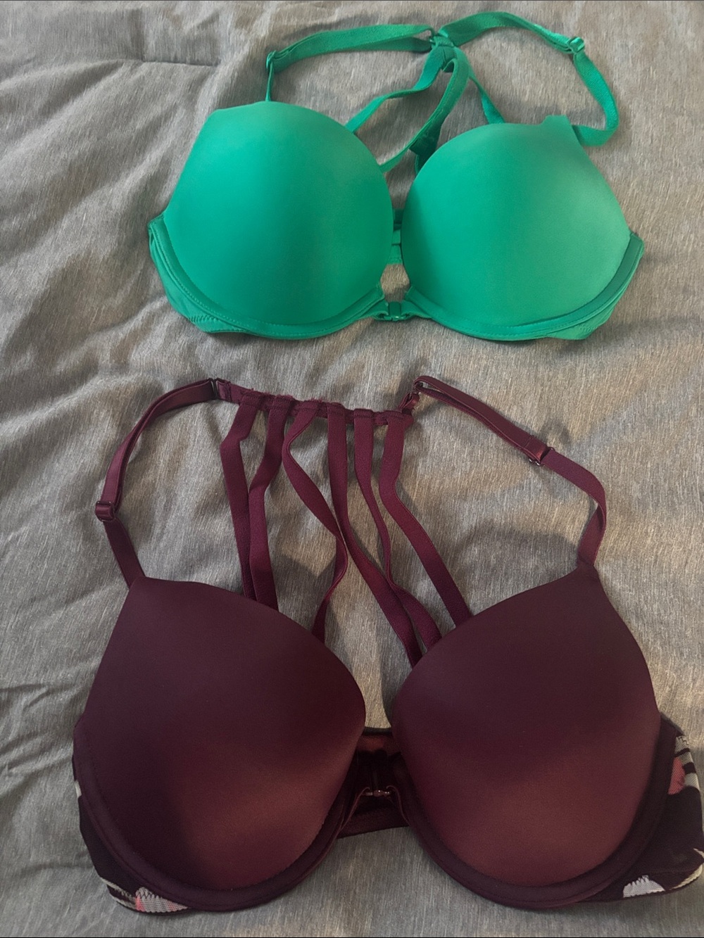 PINK Victoria's Secret Green and Burgundy Strappy Bras